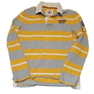 Vtg 90s Mens Long Sleeve Express Design Studio Polo Shirt sz M Striped Patches